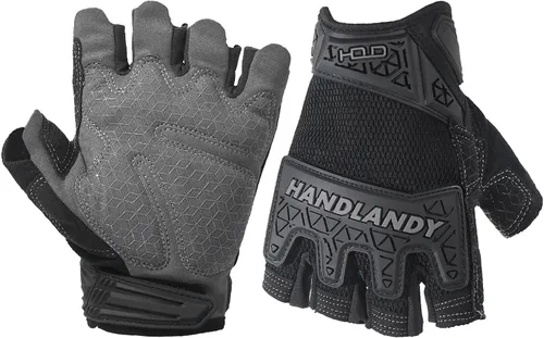 Vista 18 de HANDLANDY Guantes tácticos de impacto sin dedos para hombre, guantes de trabajo con agarre acolchado de medio dedo, guantes de conductor de Verde