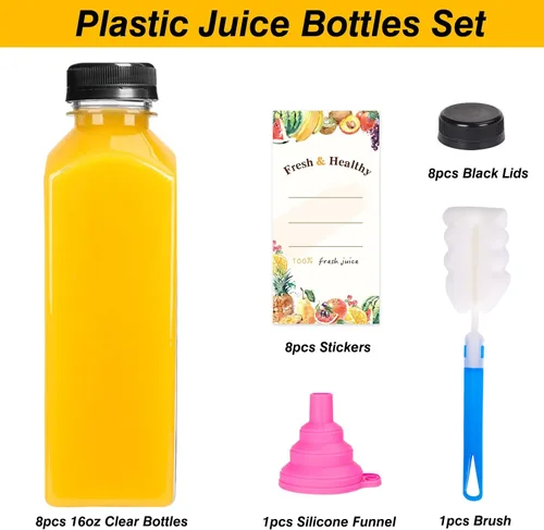 Vista 3 de Moretoes - 8 unidades de botellas de jugo de 16 onzas, botellas de plástico con tapas, botellas reutilizables para jugos para bebidas, batidos