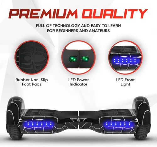 Vista 4 de Hoverboard con patrón de araña para niños de 6 a 12 años, con altavoz Bluetooth y luces LED, tabla deslizante de 6.5 pulgadas, certificado