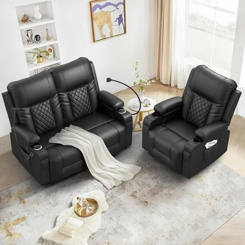 Vista 8 de Furnimat Juego de sofá reclinable con 2+1 piezas para sala de estar, sofá reclinable de 2 plazas en cuero, 1 silla reclinable con asiento de sofá