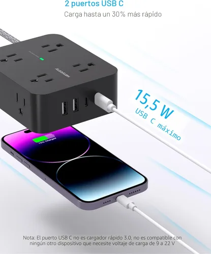Vista 4 de Protección Contra Sobretensiones con Alargador de Corriente, HANYCONY 8 Salidas con 4 Puertos de Carga USB (2 USB C), Extensor de Salidas Laterales