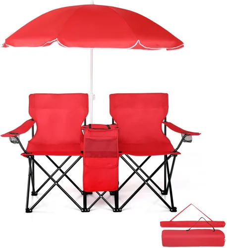 Vista 11 de Silla plegable, silla de camping portátil de 2 asientos con sombrilla extraíble, sillas plegables para exteriores, sillas portátiles de pesca