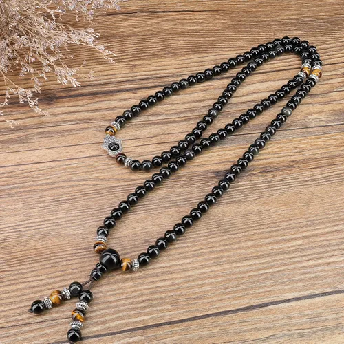 Vista 3 de COAI Collar de mano Hamsa de piedra negra 108 Mala, Piedra, Jaspe