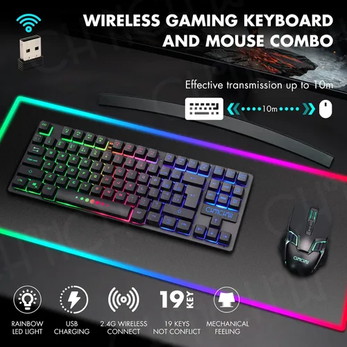 Vista 2 de CHONCHOW Combo de teclado y mouse inalámbricos para juegos, teclado recargable de 87 teclas con luz LED, mouse ergonómico inalámbrico