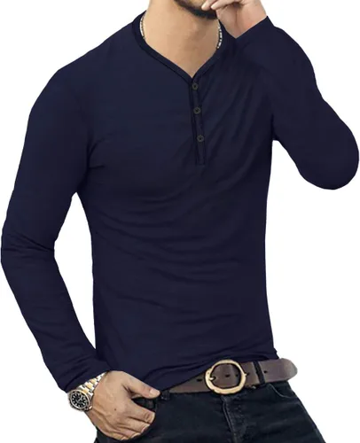 Vista 2 de MLANM Camiseta básica Henley de algodón de manga corta y larga para hombre
