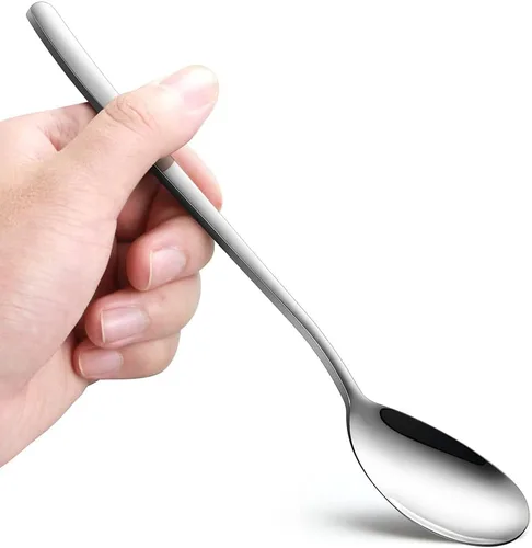Vista 3 de Cucharas coreanas, 6 cucharas mezcladoras de acero inoxidable, cucharas de arroz de 8 pulgadas con mango plano largo, diseño poco profundo para una