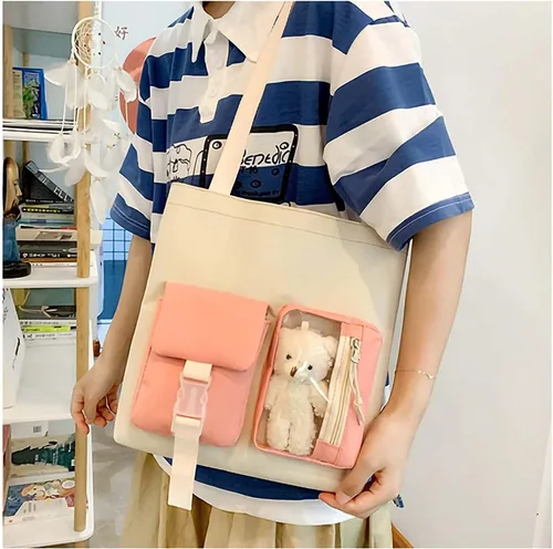 Vista 5 de Mochila Kawaii de 5 piezas, bolsa deportiva estética de 17 pulgadas con bonita mochila, bolsa de hombro, caja de lápices, bolsa de mano, bolsa