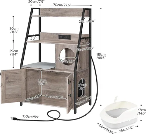 Vista 4 de HOOBRO Caja de arena con 2 estantes de almacenamiento, mueble alto para caja de arena oculto con estación de carga, mueble para caja de arena oculta