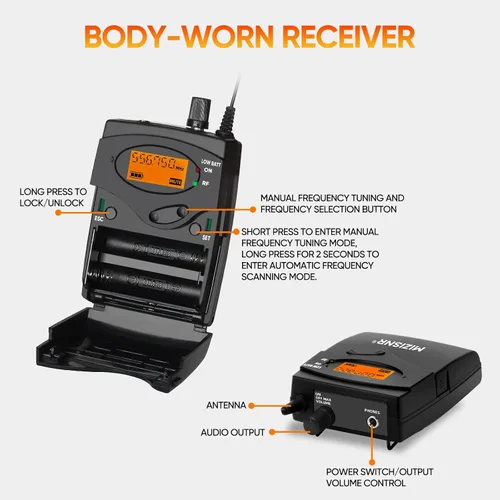 Vista 5 de Sistema de monitor inalámbrico en el oído, sistema IEM mono UHF Pro con transmisor de metal, 1 receptor de cuerpo con auriculares de monitor, 100