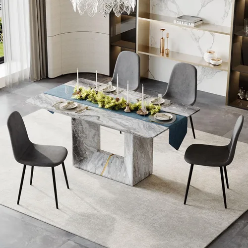 Vista 13 de Juego de mesa de comedor para 4, juego de mesa de comedor de 5 piezas con sillas, mesa moderna de mármol sintético de 63 pulgadas con 4 sillas