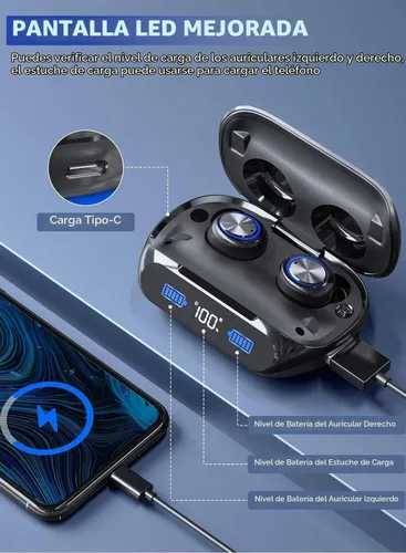 Vista 2 de Auriculares Bluetooth inalámbricos de reproducción de 200 horas, IPX7 impermeables, con cancelación de ruido, pantalla LED de alimentación