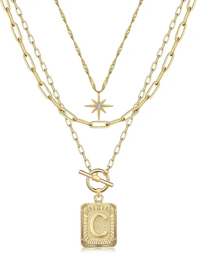 Vista 28 de MJartoria Collares con iniciales en capas para mujer, modernos, chapados en oro de 14 quilates, cadena de papel, collar sencillo con dije de Dorado