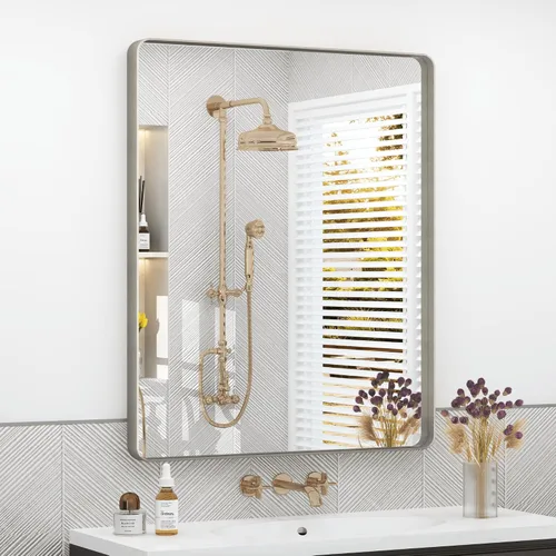 Vista 8 de Espejo rectangular para pared de baño de 20x30 pulgadas con marco negro mate, espejo de tocador con esquinas redondeadas, espejo de baño de metal
