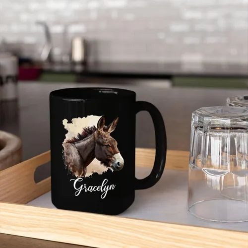 Vista 4 de Tazas de café Mule personalizadas para hombres y mujeres, regalos personalizados de burro y caballo de cerámica negra, regalos para amantes