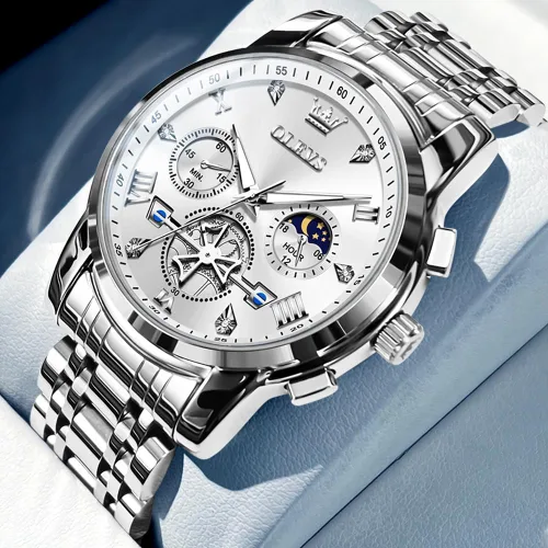 Vista 2 de OLEVS Relojes para hombre de plata, reloj de cronógrafo de acero inoxidable para hombre, reloj analógico de cuarzo de cara grande para hombre