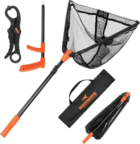 Vista 12 de KastKing Pontus - Red de pesca para pescar, plegable y ligera, red de pesca de agua dulce con escala de longitud integrada, mango de aluminio, malla