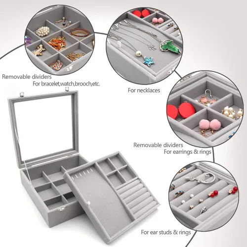 Vista 7 de KLOUD City Joyero con tapa de vidrio Caja de joyería de dos capas Organizador Display Storage Case (gris)