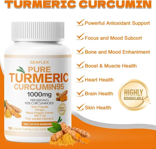 Vista 4 de Curcumina de cúrcuma 95 1000 mg, 95% complejo de curcuminoides con propóleo de abeja y bioperina, 120 cápsulas, suplemento de apoyo