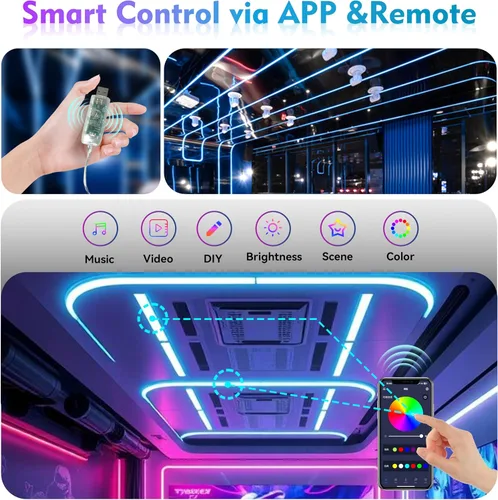 Vista 6 de Luces de cuerda LED de neón de 6.56 pies, luces impermeables con sincronización de música con control remoto y APP, alimentadas por USB, iluminación