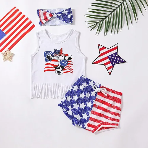 Vista 7 de Traje de verano para niñas, para el 4 de julio, para bebé, Día de la Independencia, estampado de cabeza de vaca (blanco, 18-24 meses)