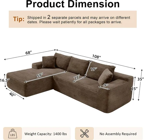 Vista 2 de Sofá modular en forma de L de 108 pulgadas, sofá modular sin hueso para sala de estar, cómodo sofá esponjoso de pana con asiento profundo Camel