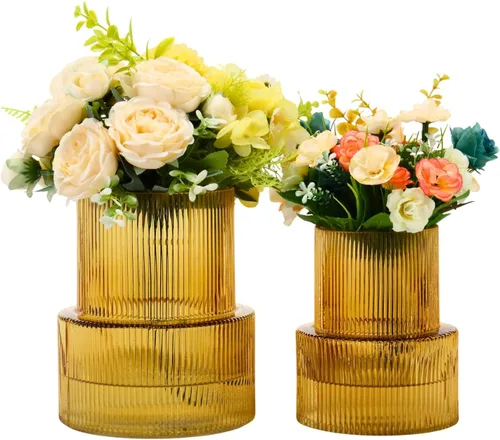 Vista 14 de Jarrones de vidrio acanalado, juego de 2 jarrones estriados para flores, florero de vidrio ámbar para tulipanes, jarrón moderno para sala de estar