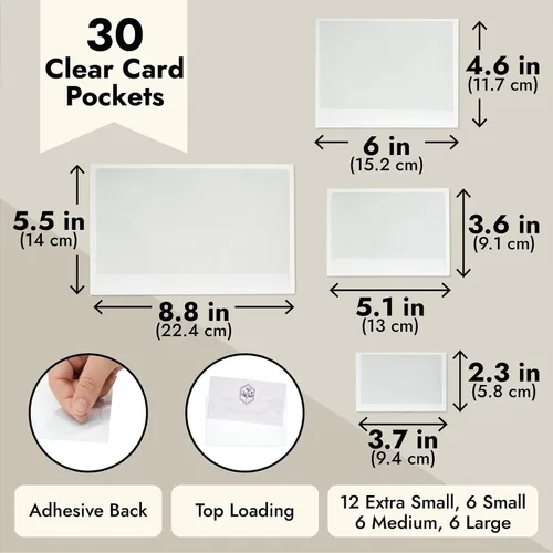 Vista 6 de Juvale Bolsas adhesivas para planificador de bolsillo, color blanco, paquete de 30, 4 tamaños (3.7 x 2.3 a 8.8 x 5.5 pulgadas), bolsillos adhesivos