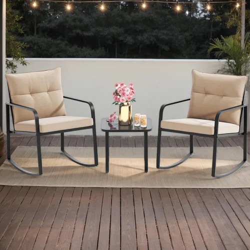 Vista 7 de Gizoon, Juego de 3 piezas de sillas mecedoras estilo bistró, muebles de patio de acero negro, juego de sillas para el porche con mesa de café