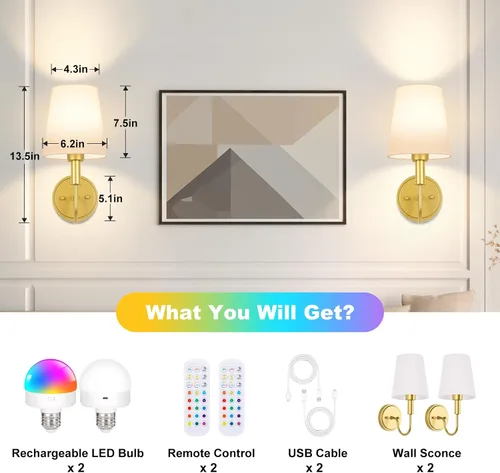 Vista 7 de Aplique de pared inalámbrico recargable, funciona con pilas, con control remoto, lámparas de pared con bombillas LED RGB regulables, sin cableado