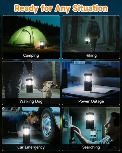 Vista 6 de Paquete de 4 faroles solares para campamento, linterna LED recargable con linterna, USB-C y funciona con energía solar, luces de emergencia