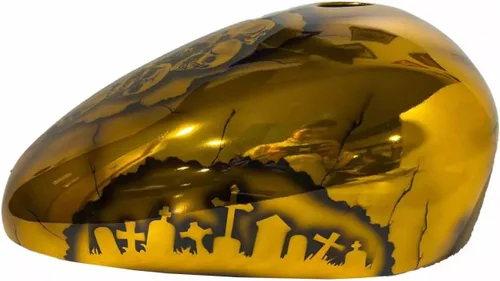 Vista 4 de Cubierta de tanque de gasolina para motocicleta Skull Nightmare simonkustom, elige tu modelo de bicicleta (amarillo mate, RE Meteor 350)