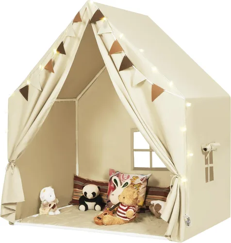 Vista 9 de Tienda de campaña para niños con tapete acolchado y luces LED en estrella para niñas y niños de 4-8-10 años, gran casa de juegos linda