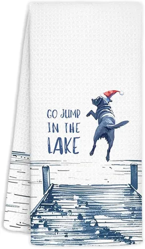 Vista 9 de Toallas de cocina azules con decoración de casa del lago, regalos para casa del lago, toallas de cocina divertidas con temática de perro del lago