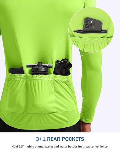 Vista 3 de Bikewa Maillot de ciclismo para hombre con 3+1 bolsillos traseros con cremallera, manga larga, absorción de humedad, UPF 50+ media cremallera