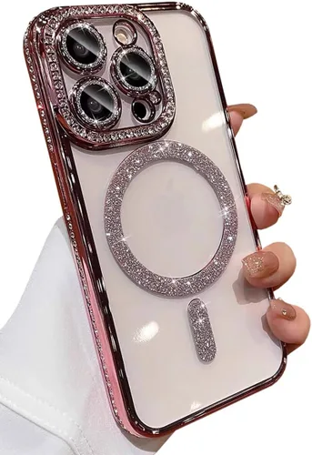 Vista 16 de Funda magnética de lujo con purpurina compatible con iPhone 13 Pro Max de 6.7 pulgadas, bonita funda transparente con diamantes de imitación