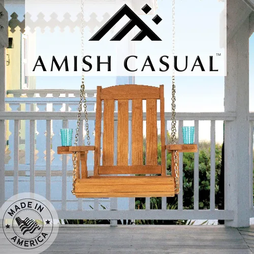 Vista 2 de Amish Casual Silla columpio con tratamiento a presión de misión resistente con portavasos (mancha de cedro)