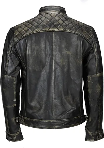 Vista 6 de Chaqueta de cuero vintage con hombros acolchados, estilo retro, clásico, con diamantes desgastados, para motocicleta, Cafe Racer