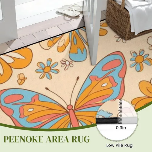 Vista 4 de Alfombra retro de los años 70 y 60, diseño hippie de verano, con diseño de mariposas y flores, alfombra de juego para exteriores, alfombra de juego