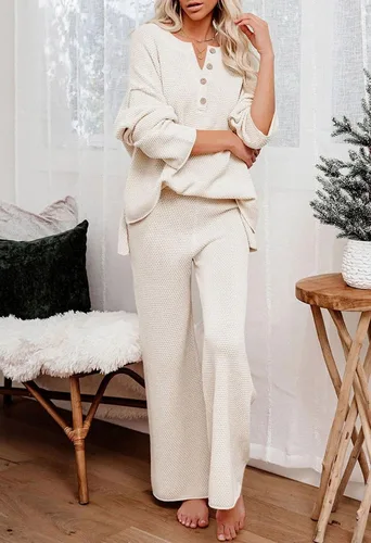 Vista 5 de Uusollecy Conjunto de suéter de 2 piezas para mujer, de manga larga, sin botones, de punto, pantalones de pierna ancha, ropa de descanso