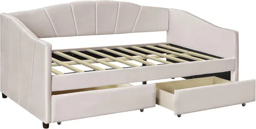 Vista 6 de Sofá cama individual con 2 cajones tapizado moderno, plataforma para sofá cama, marco de listones de soporte para dormitorio, sala de estar,