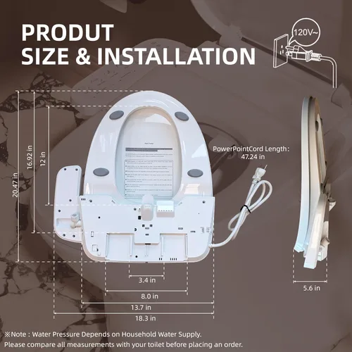 Vista 3 de Asiento de inodoro eléctrico BRAVAT® alargado, calentado, cierre suave Front/Rear wash, Instant heated seat&warm water&air dryer, Night light