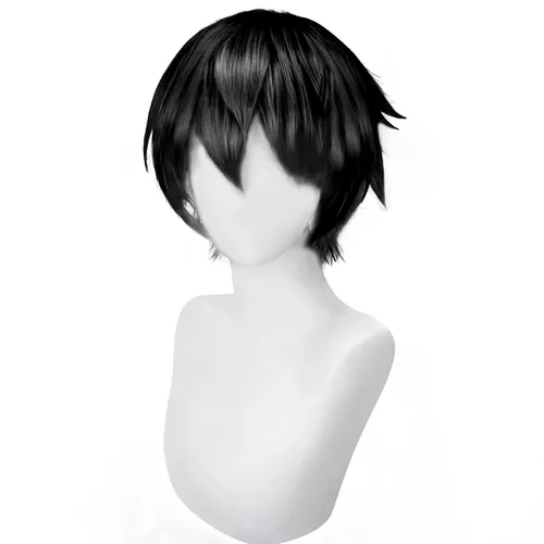 Vista 4 de Fenspeed Peluca negra para hombres y mujeres, peluca corta negra para hombre, peluca de cosplay en capas, peluca negra esponjosa para fiesta