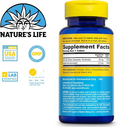 Vista 2 de NATURE'S LIFE Protección de zinc de 50 mg con 2.5 mg de cobre, suplemento de zinc quelado para apoyo inmunológico, salud ósea, función muscular