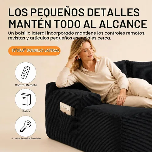 Vista 5 de Sofá seccional negro de 96.9 pulgadas, sofá modular de pana sin hueso con resortes y espuma de alta resistencia, asiento profundo compacto de gran