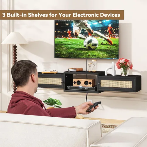 Vista 2 de IBUYKE Soporte flotante moderno de ratán para TV con puertas, estante de TV montado en la pared para televisores de hasta 55 pulgadas, consola