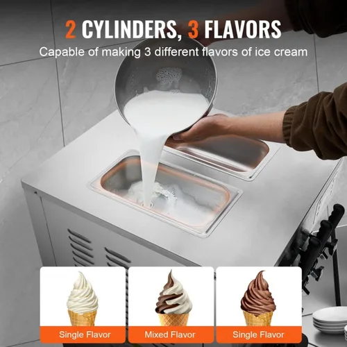 Vista 6 de Máquina comercial de helado de servicio suave de 1850 W, 3 sabores, 5.5-8.2 galones/hora, limpieza automática, panel LCD, acero inoxidable