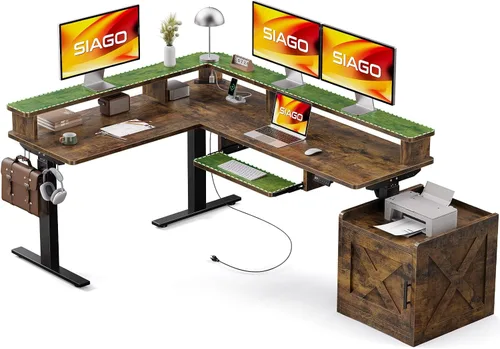 Vista 12 de SIAGO Escritorio de pie en forma de L, escritorio de pie ajustable de esquina de 63 x 55 pulgadas con estación de carga, mesa de pie en forma de L