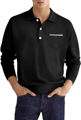 Vista 2 de Polo de manga larga para hombre, diseño casual de algodón con bolsillo, cuello clásico con botón para golf
