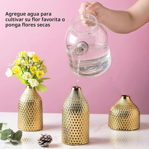 Vista 3 de Juego de jarrones de cerámica – 3 jarrones pequeños, lujosa decoración del hogar, ideal para centros de mesa; decoración ideal para estantes, Dorado