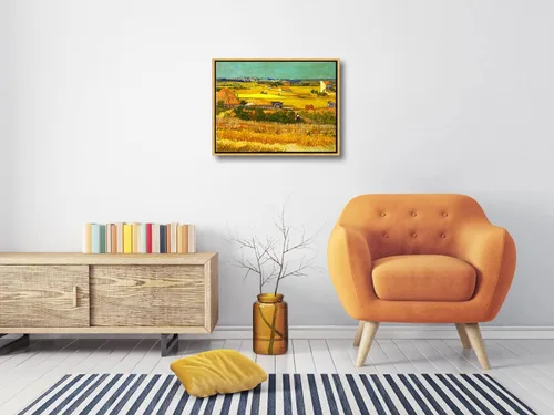Vista 2 de Wieco Art Arte de pared enmarcado de la cosecha en La Crau con Mont Majour por Van Gogh pinturas al óleo Reproducción impresiones abstractas
